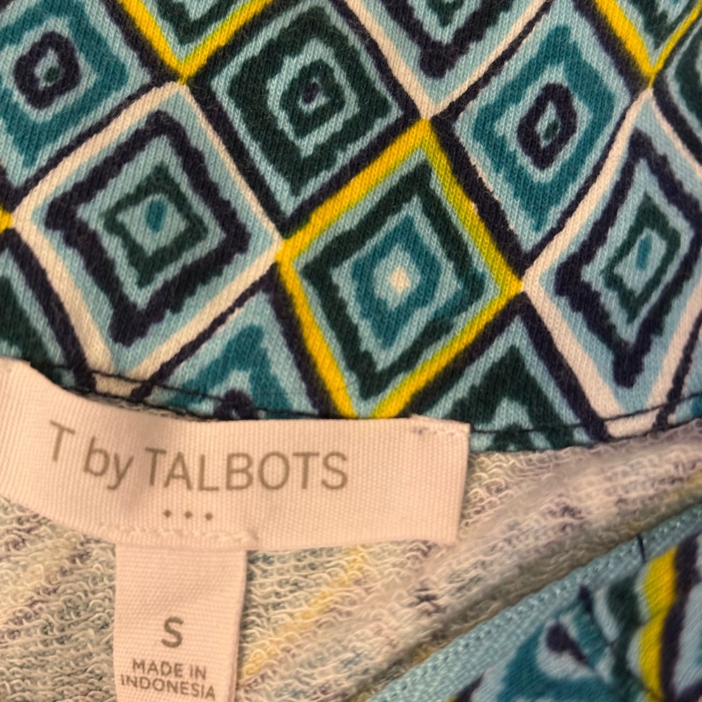 T by Talbots Quarter Zip Pullover Womens S Green Geometric Diamond Print Top - Picture 2 of 9